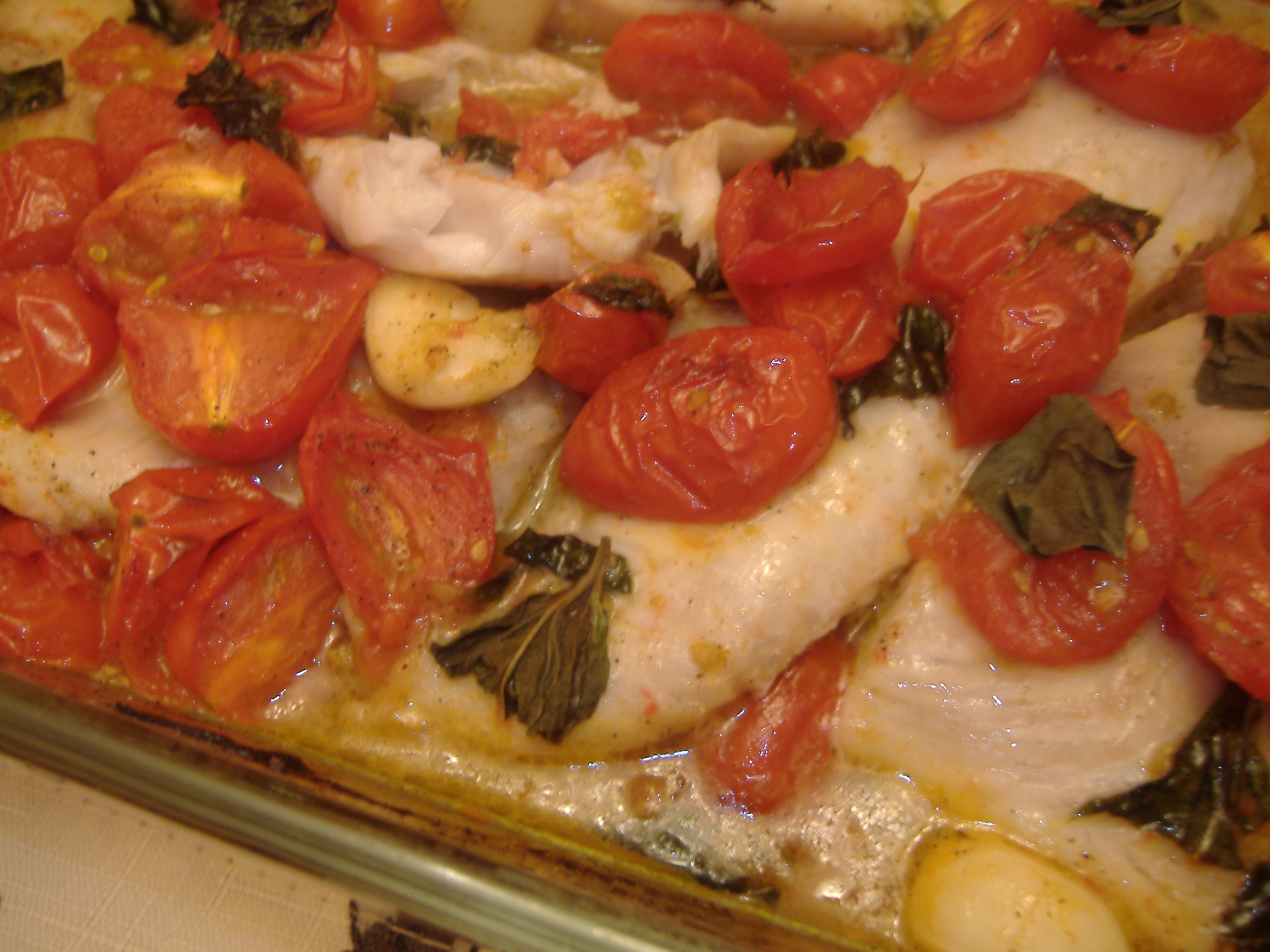 Oven Roasted Cherry Tomatoes With Basil And Whitefish