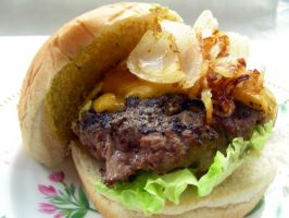 Canadian Burger With Beer-Braised Onions and Cheddar. Photo by Andi of Longmeadow Farm Canadian Burger With Beer-Braised Onions and Cheddar. Photo by Andi of Longmeadow Farm
