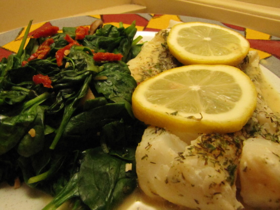 Lemon Dill Cod With Mustard Sauce And Garlic Wilted Spinach Recipe