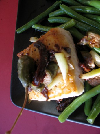 Seared Halibut with Haricots Verts, Scallions, and White Wine Sauce