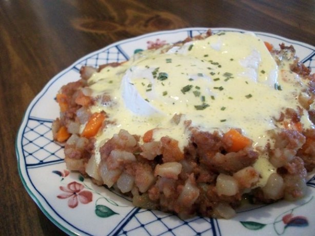 Corned Beef Hash With Poached Eggs Under Hollandaise Recipe - Food.com