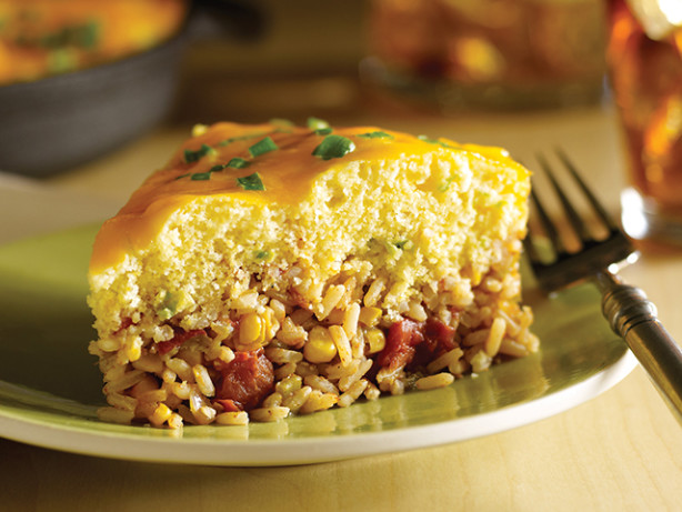 Skillet Spanish Rice with Cornbread Topping