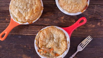 Individual Chicken Pot Pies With Puff Pastry Recipe Food Com Golden brown pastry and a creamy chicken, leek and bacon filling make this a real feast for friends and family. individual chicken pot pies with puff pastry
