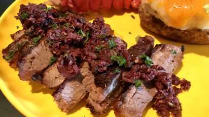 New York Strip Steak With Kalamata Olive Chimichurri Recipe Food Com 3 tsp montreal steak seasoning. new york strip steak with kalamata olive chimichurri