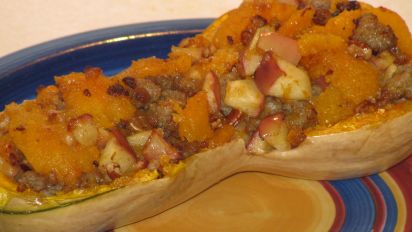 Baked Butternut Squash Stuffed With Apples And Sausage Recipe Food Com