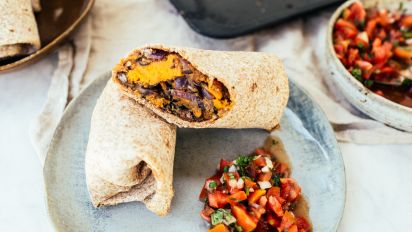 Sweet Potato And Black Bean Burrito Recipe Food Com Fold sides of tortilla over filling, then roll up to enclose. sweet potato and black bean burrito