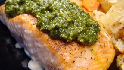Pan Seared Salmon With Lemon Basil Pesto Recipe Food Com Heat the oil in a large frying pan over a medium to high heat. pan seared salmon with lemon basil pesto