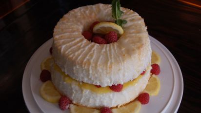 Lemon Angel Food Cake Filled With Lemon Curd And Fresh Raspberry