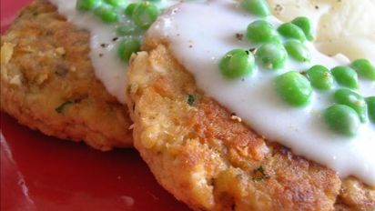 Salmon Patties With Creamed Peas Recipe Food Com 4 organic salmon fillets, each weighing 150g, skin on, 500g of new potatoes, peeled, 400g of fresh peas, 100g of flour, seasoned, 150g of unsalted butter, at room temperature, 400ml of double cream, 100ml of rapeseed oil, 100g of chorizo sausage, 1 baby gem lettuce. salmon patties with creamed peas