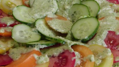 Tomato And Cucumber Salad With A Pesto Like Dressing Recipe