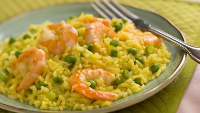 Seared Shrimp Peas And Yellow Rice Recipe Food Com