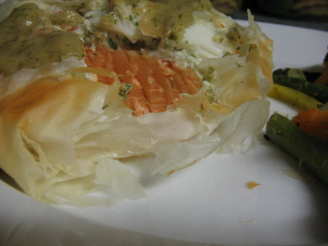 Salmon and Crab in Phyllo With White Wine Honey Mustard Sauce