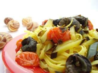 Saffron Tagliarini With Snails, Sorrel, Tomato, Zucchini