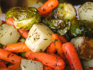 Thyme and Garlic Roasted Potatoes, Brussels Sprouts and Carrots