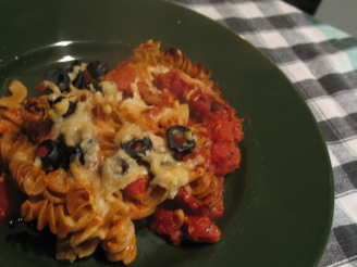 Two-Cheese Mushroom, Chunky Tomato and Olive Penne Bake