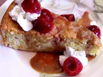 Pine Nut Cake With Poached Cherries and Caramel Sauce