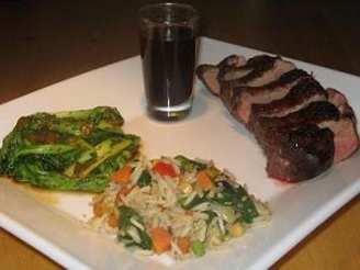 Duck Magret With Bok Choy and Vegetable Fried Rice