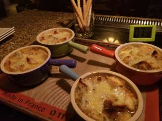 Caramelized Onion Soup With Swiss Cheese & Basil Croutons