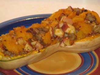 Baked Butternut Squash Stuffed With Apples and Sausage