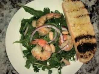 Roasted Rosemary Shrimp W/Arugula and White Bean Salad on Garlic