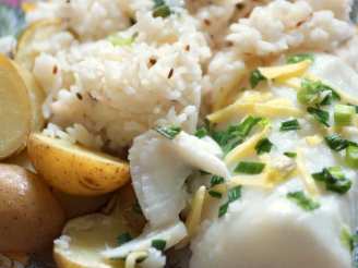 Baked White Sea Bass With Drunken Baby Potatoes and Cumin Rice