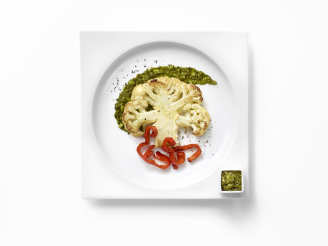 Cauliflower Steaks With Red Peppers & Pesto