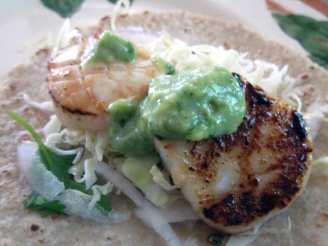 Grilled Scallops Tacos and Cabbage Slaw With Spicy Avocado Sauce