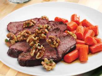 Seared Hanger Steak With Brown Sugar Carrots and Walnuts