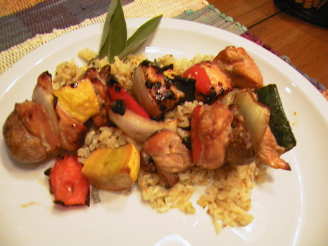 Grilled Chicken and Veggie Kabobs Atop Sage Rice