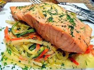 Salmon a La Nage With Vegetables in Creamy Sauce.
