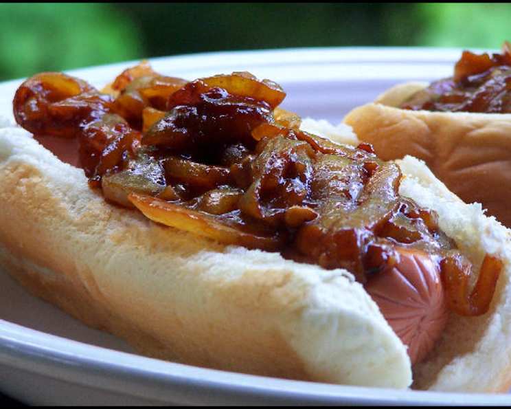 Grilled Hot Dogs with Mango Chutney and Red Onion Relish Recipe