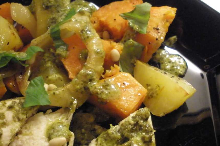 Pesto Marinated Chicken With Roasted Vegetables Recipe - Food.com