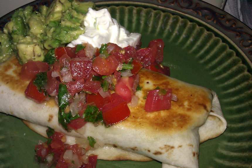Beef, Bean and Cheese Chimichangas with Green Pepper Salsa 
