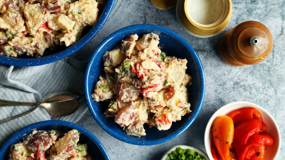 POTATO SALAD WITH ROASTED RED PEPPERS & BACON