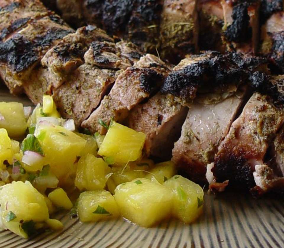 V's Grilled Jerk Pork Tenderloin and Pineapple Mango-Kiwi