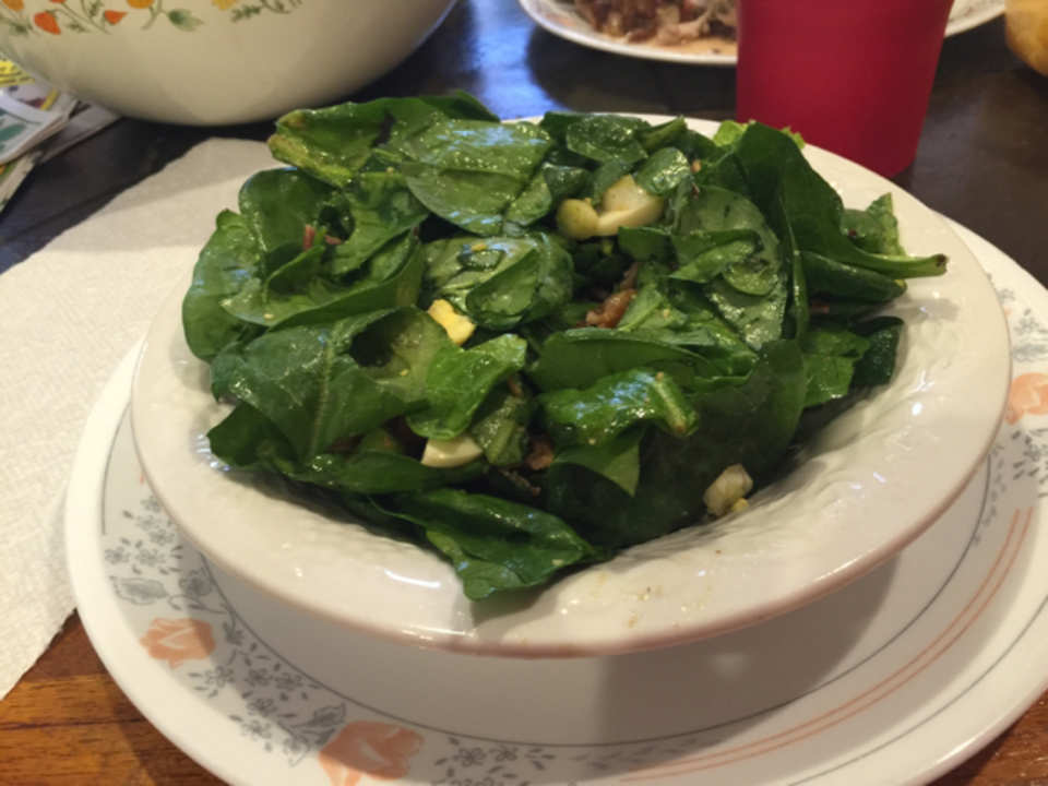 old fashioned wilted spinach salad dressing Bacon and Egg Spinach Salad with Tangy Ketchup Dressing