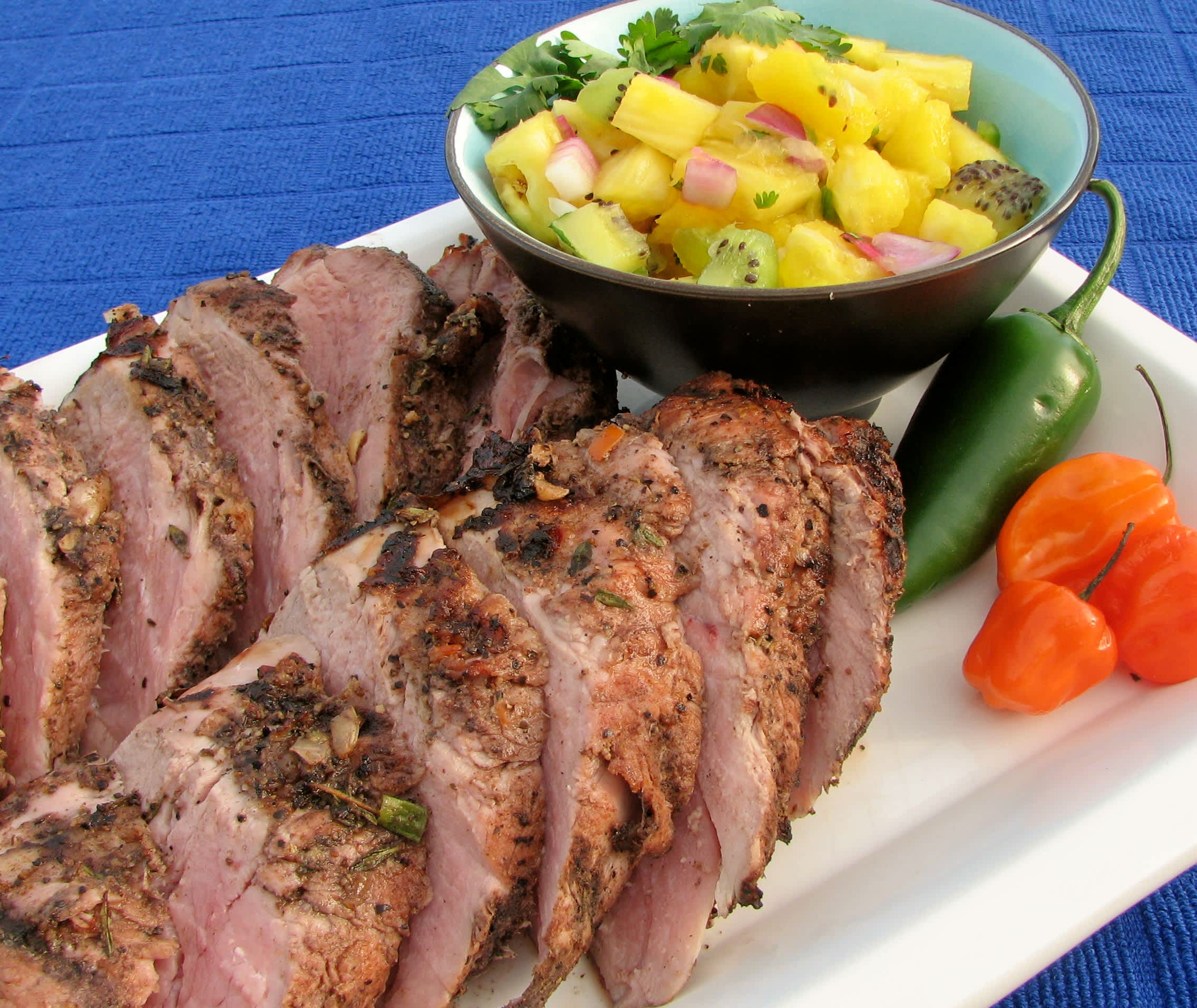 V's Grilled Jerk Pork Tenderloin and Pineapple Mango-Kiwi Salsa