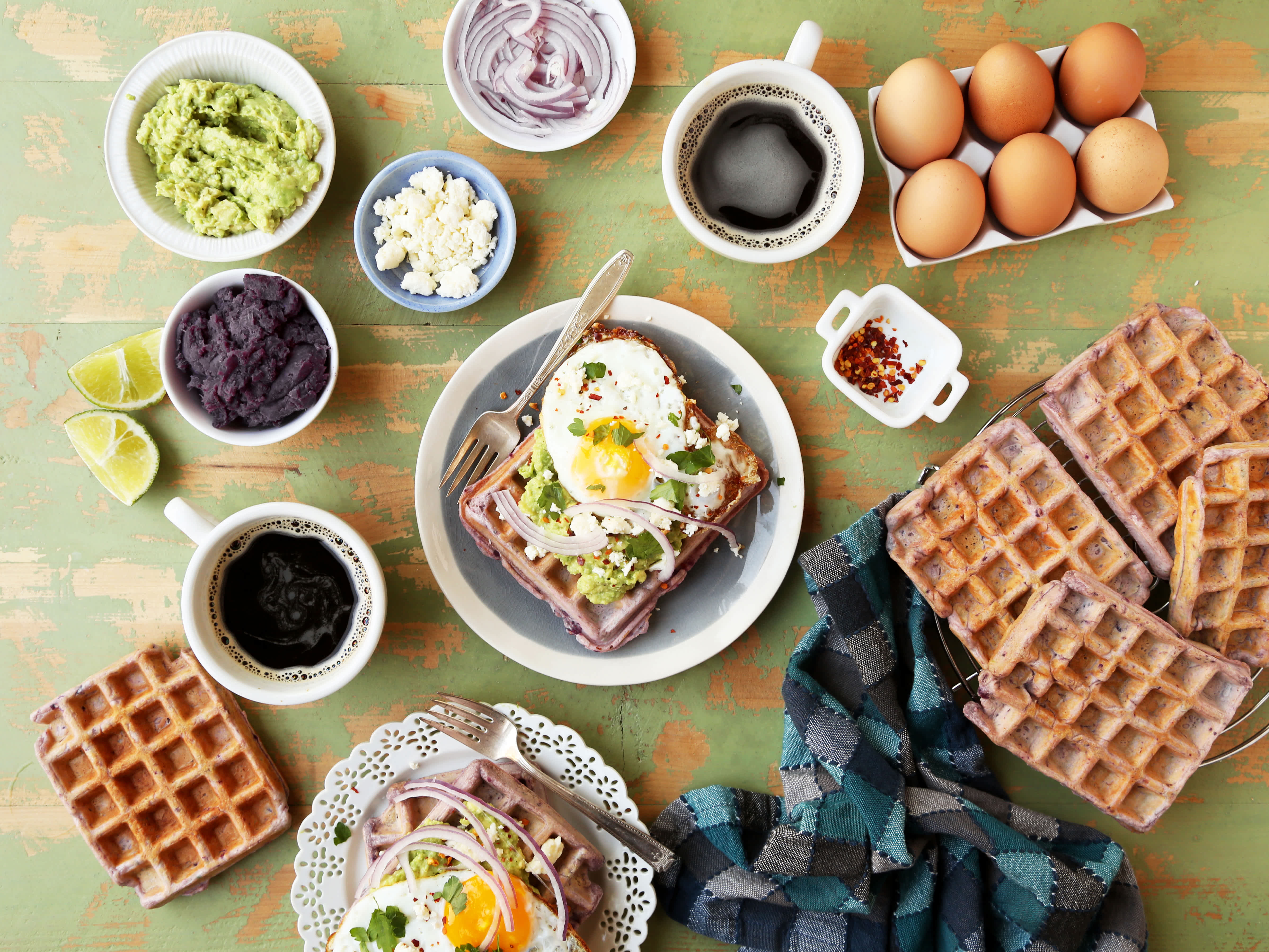 Ube Waffles With Avocado and Eggs, image size:4789x3592