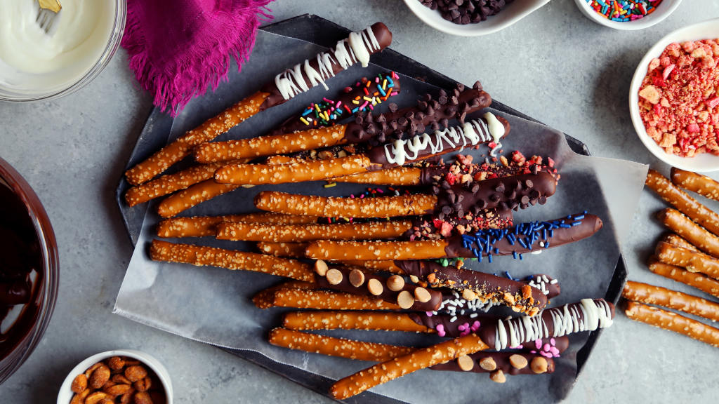Gourmet Chocolate Dipped Pretzel Rods created by Jonathan Melendez 