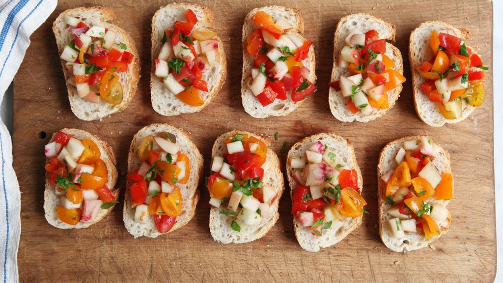Peach and Roasted Red Pepper Bruschetta created by Diana Yen