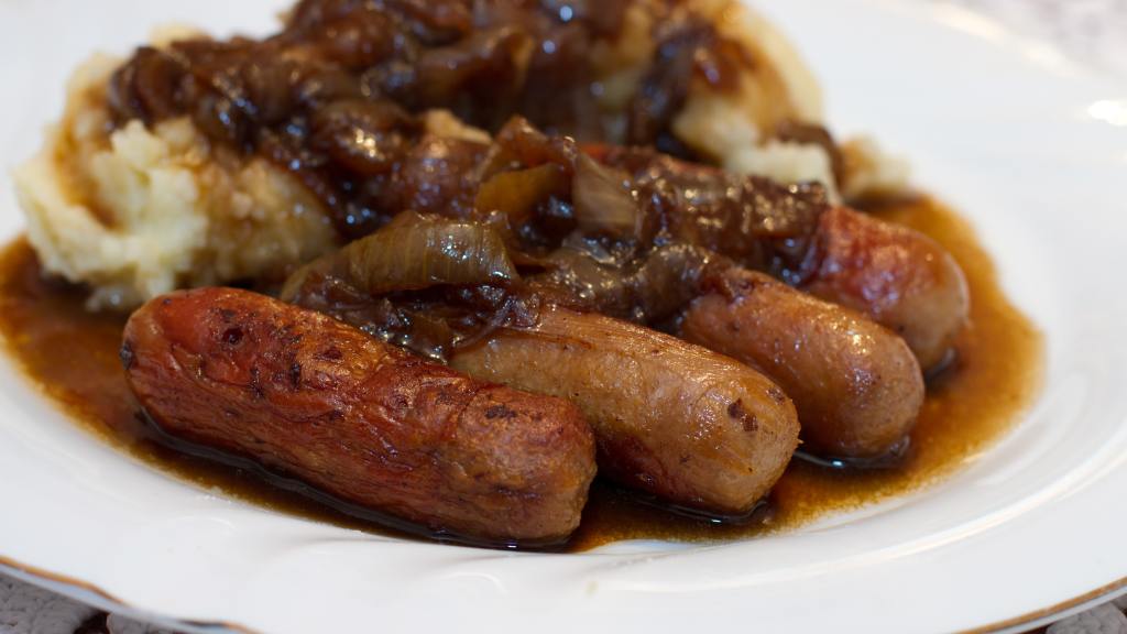 Sausages With Mashed Potatoes, Beer and Onion Gravy and Mustard created by Peter J