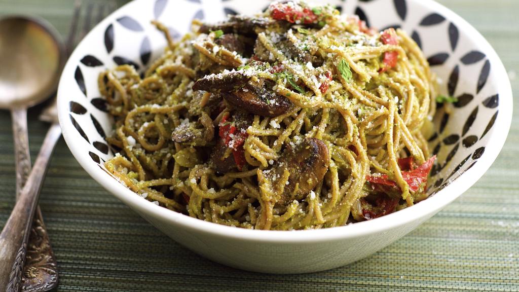 Pesto Pasta With Mushrooms, Onions, and Red Bell Peppers Recipe