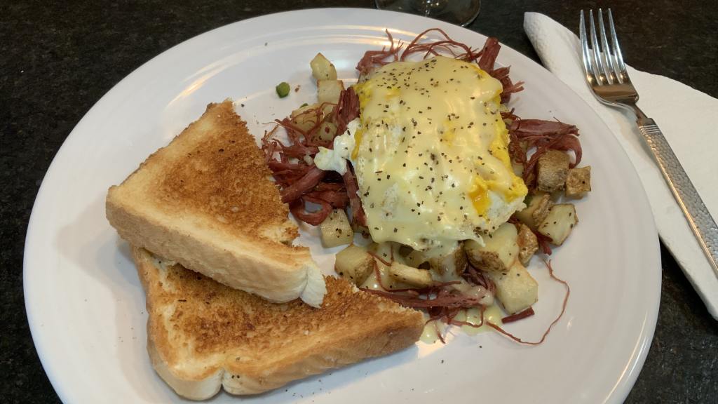 Corned Beef Hash With Poached Eggs Under Hollandaise Recipe