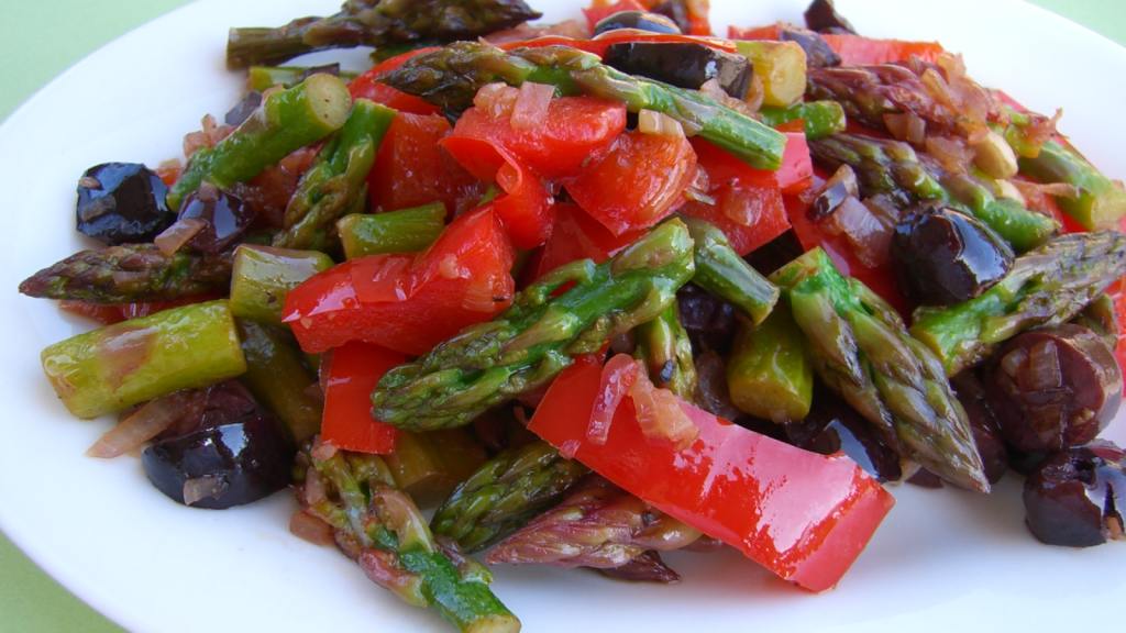 Sauteed Asparagus with Red Peppers & Olives created by ChefLee