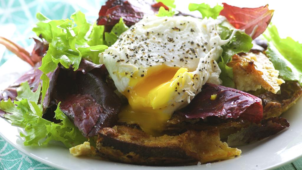 Savory Parmesan Pain Perdu With Poached Eggs and Greens Recipe