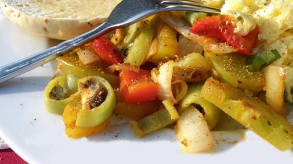 Stir Fried Green Tomato With Onions & Peppers Recipe
