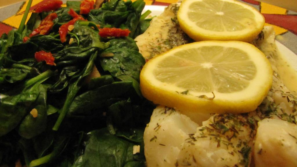 Lemon Dill Cod With Mustard Sauce and Garlic Wilted Spinach Recipe