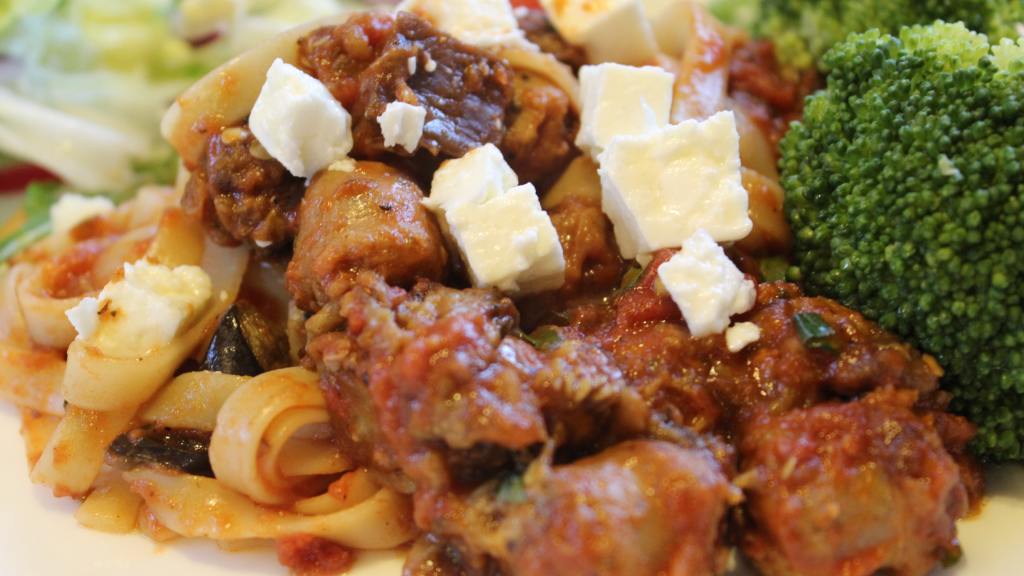 Roasted Eggplant and Sausage With Linguine created by Leggy Peggy