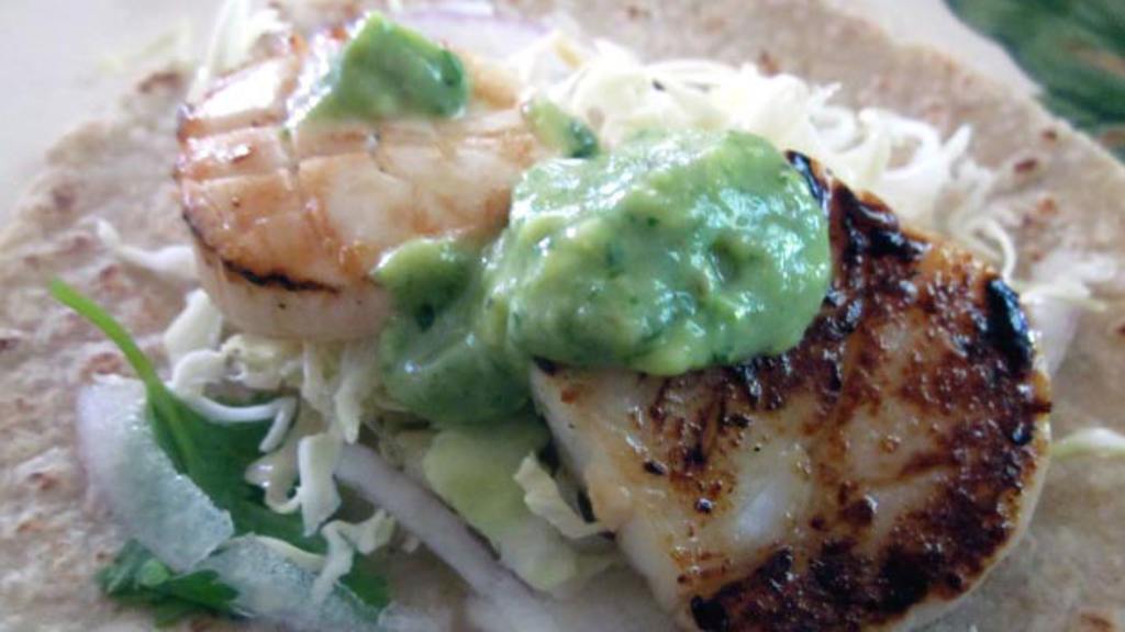 Grilled Scallops Tacos and Cabbage Slaw With Spicy Avocado Sauce Recipe