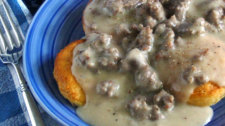 Peppered Sausage Gravy and Biscuits Created by Caroline Cooks